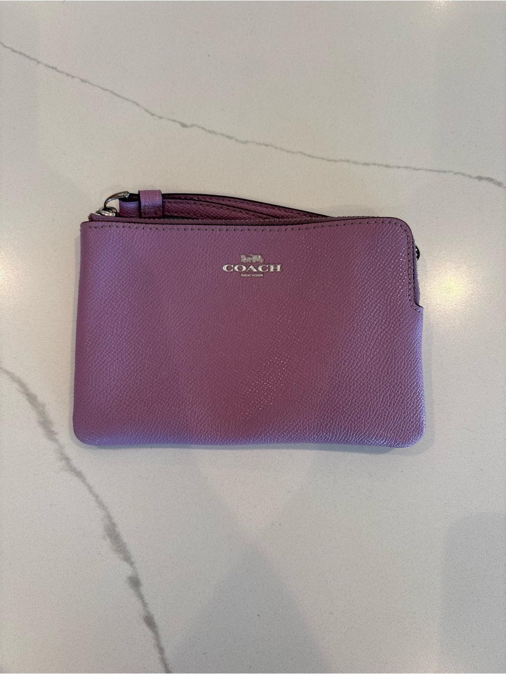 Coach Leather Corner Zip Wristlet - Purple and Silver